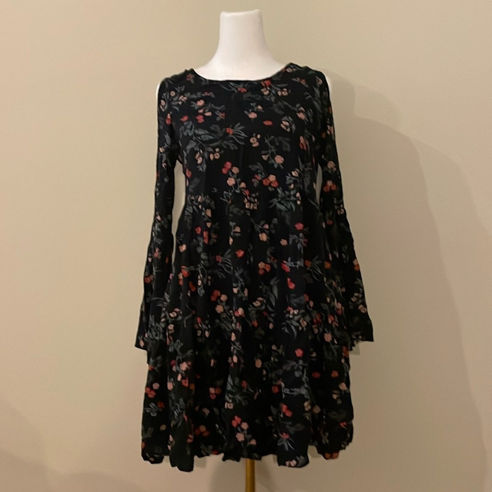AEO Short Black Wildflower Dress Long Bell Sleeves Low Back Cold Shoulder